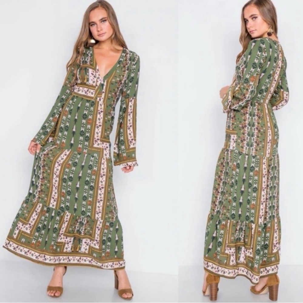 Altar'd State olive green and multicolor floral boho long-sleeve maxi dress